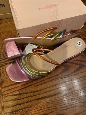 BP Metallic Pink rainbow Strappy Block Heel Sandals - Women size 13 new